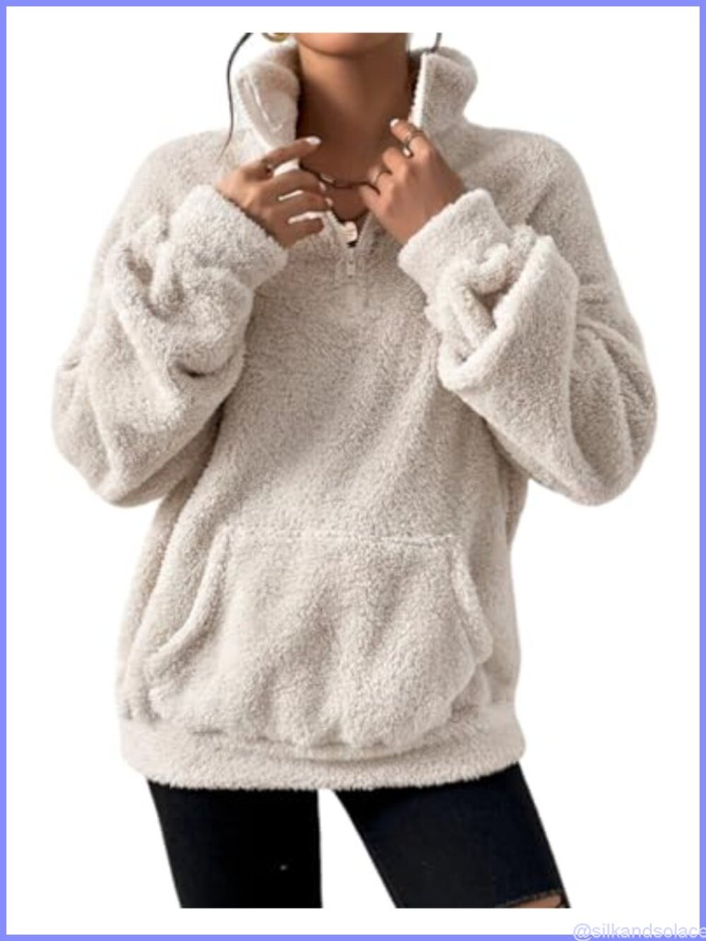Womens Quarter Zip Fleece Sherpa Pullover Sweatshirt Fuzzy Kangaroo Pocket